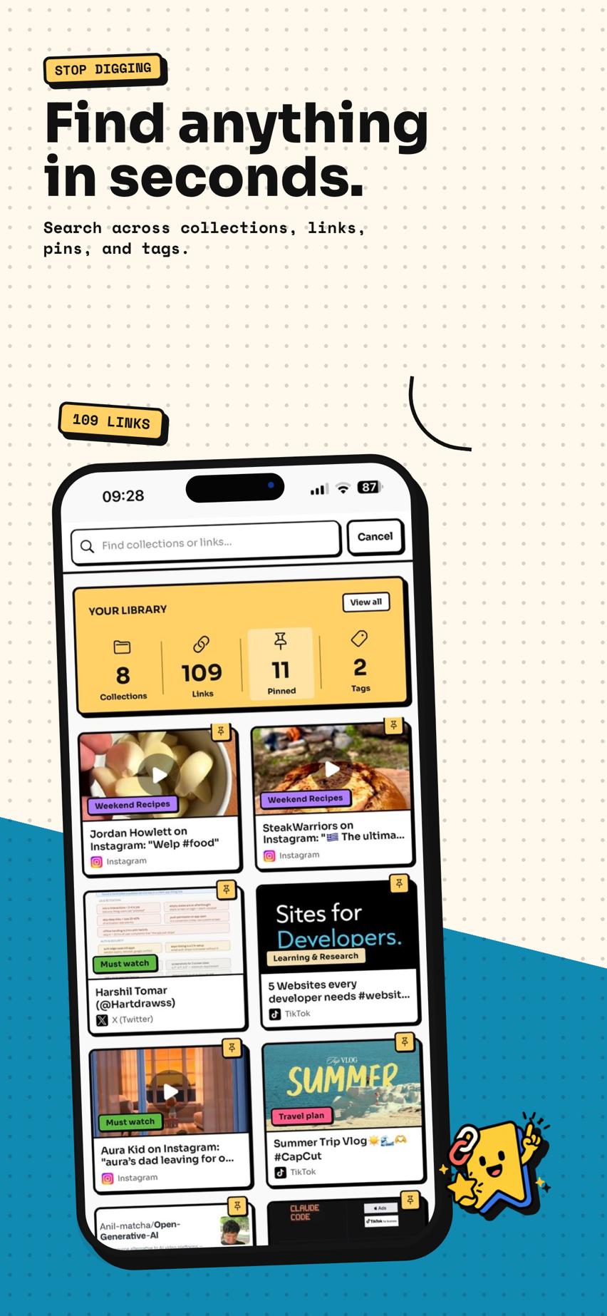 Tuckii save links app — search screen