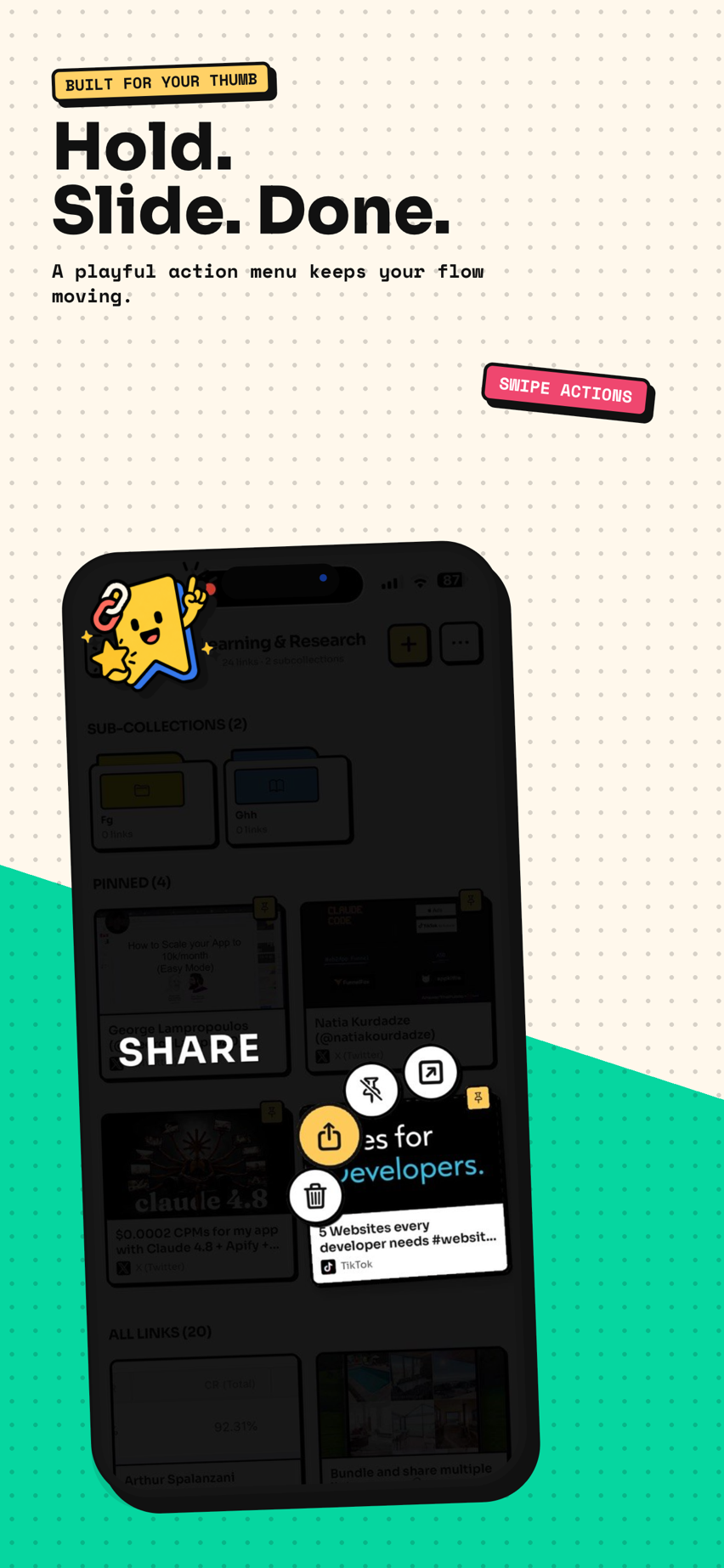 Tuckii hold actions — move, copy, delete saved links