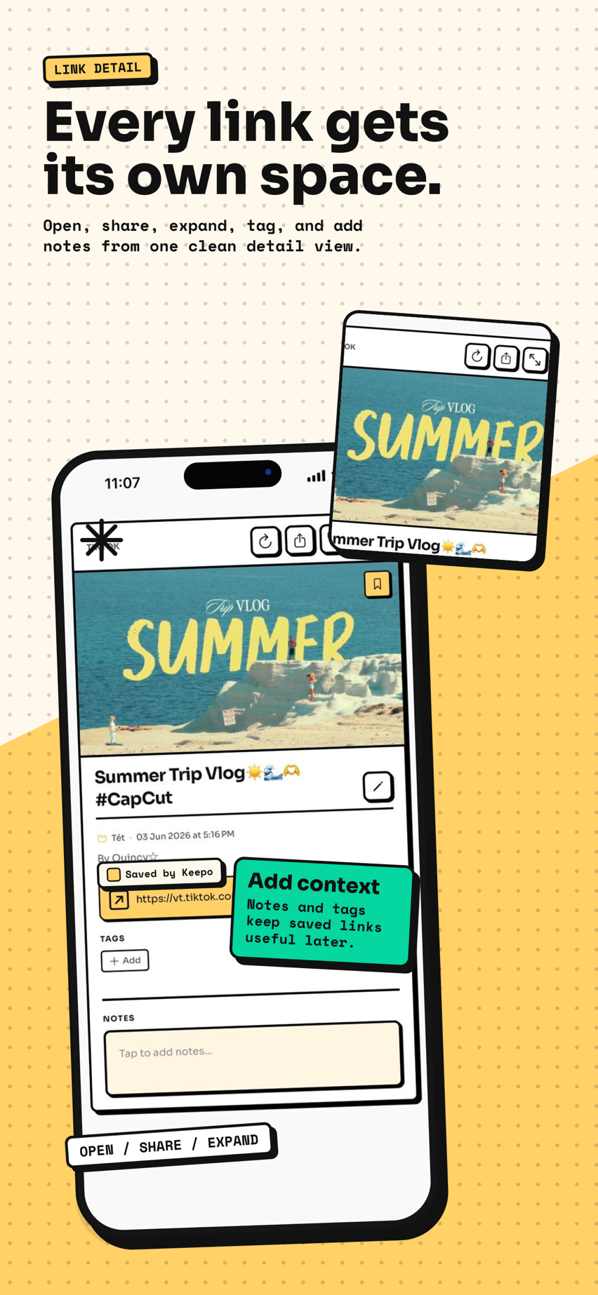 Tuckii link detail — metadata preview with title, description, and thumbnail