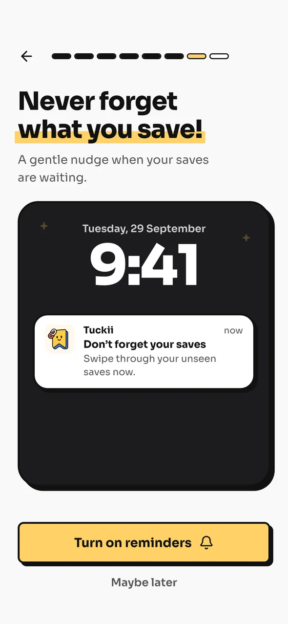 A Tuckii reminder on the lock screen: Don't forget your saves — swipe through your unseen saves now