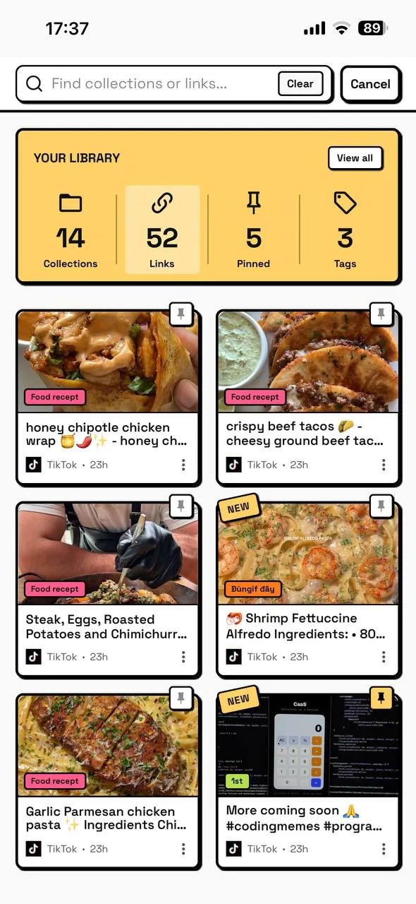 Searching a Tuckii library and showing saved recipes from TikTok